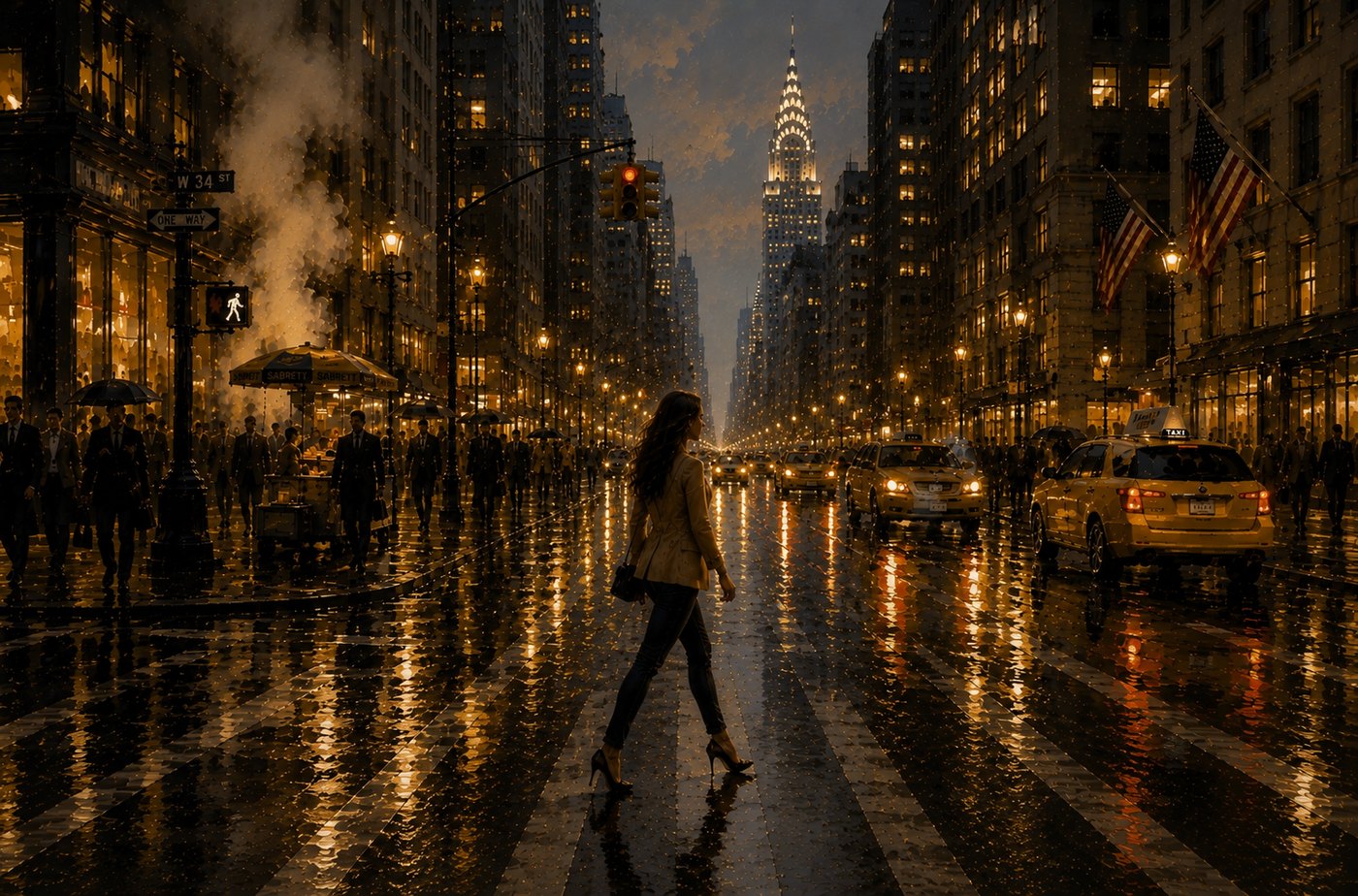 New York, crossing 42nd Street toward the Chrysler Building